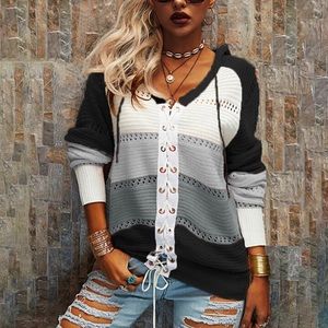 NWT BOHO LACE UP CARDIGAN HOODIE LIGHTWEIGHT BLACK/WHITE/GRAY -SIZE XLARGE